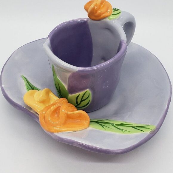 Bella Casa by Ganz Signed Susan Paley Purple Orange Flower Ceramic Cup & Saucer - Picture 2 of 13